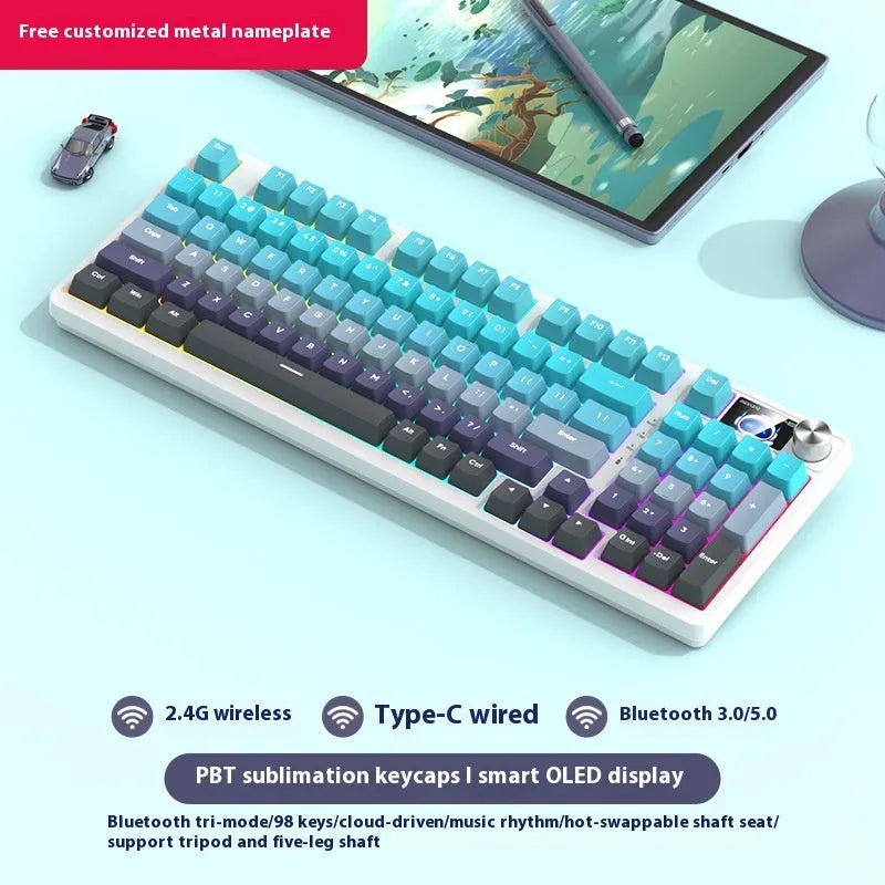 98-key wireless mechanical keyboard kit in black or white with optional LED screen and metal knob