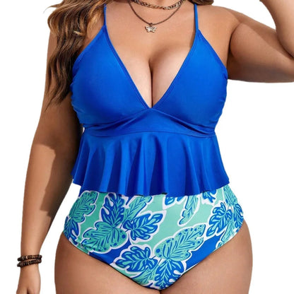 Blue bikini swimsuit set with brief-style shorts on a mannequin, showing European and American sizing.