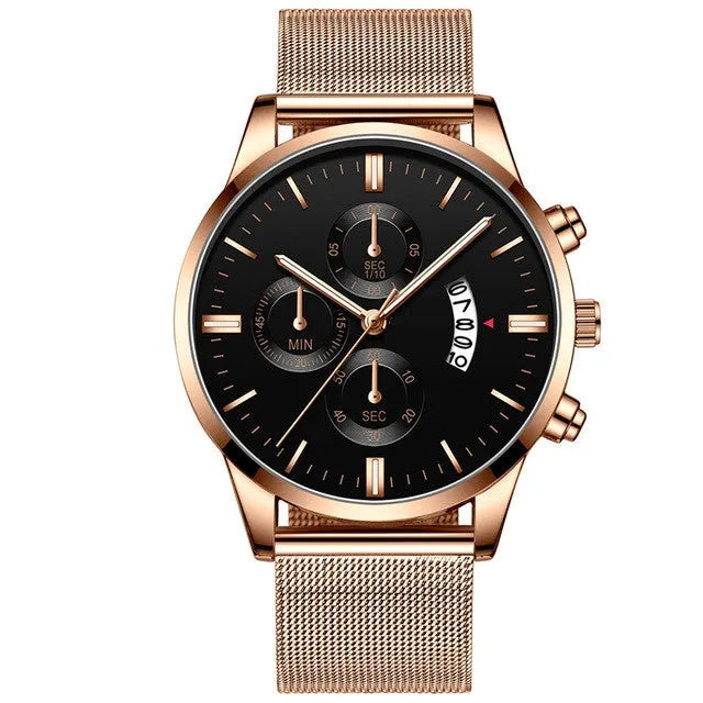 Men's stainless steel mesh band quartz watch with analog dial on a wrist.