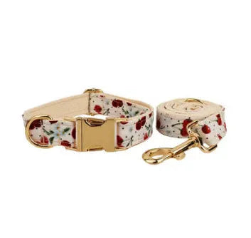Red cherry printed dog collar with light gold buckle and matching leash, bow, vest and poop bag holder set