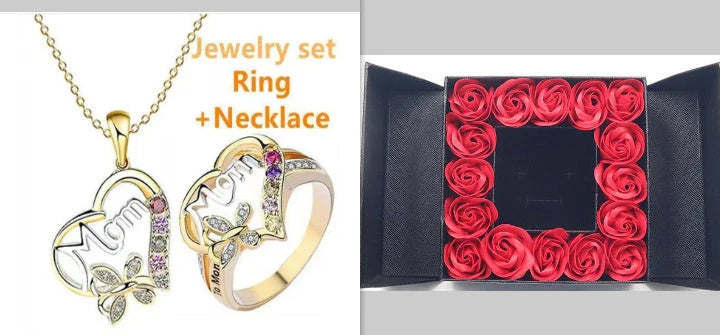 A shimmering heart-shaped jewelry set with a multicolor rhinestone design, including a ring and coordinating necklace, a thoughtful Mother's Day gift.