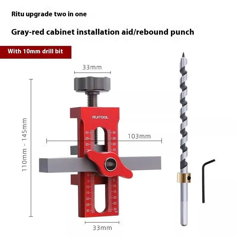 Aluminium alloy cabinet door installation jig for hinge and handle fitting.