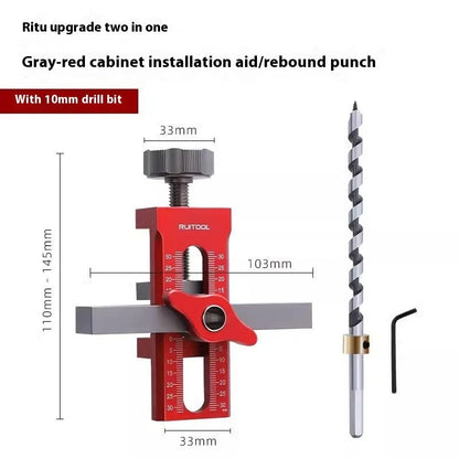 Aluminium alloy cabinet door installation jig for hinge and handle fitting.