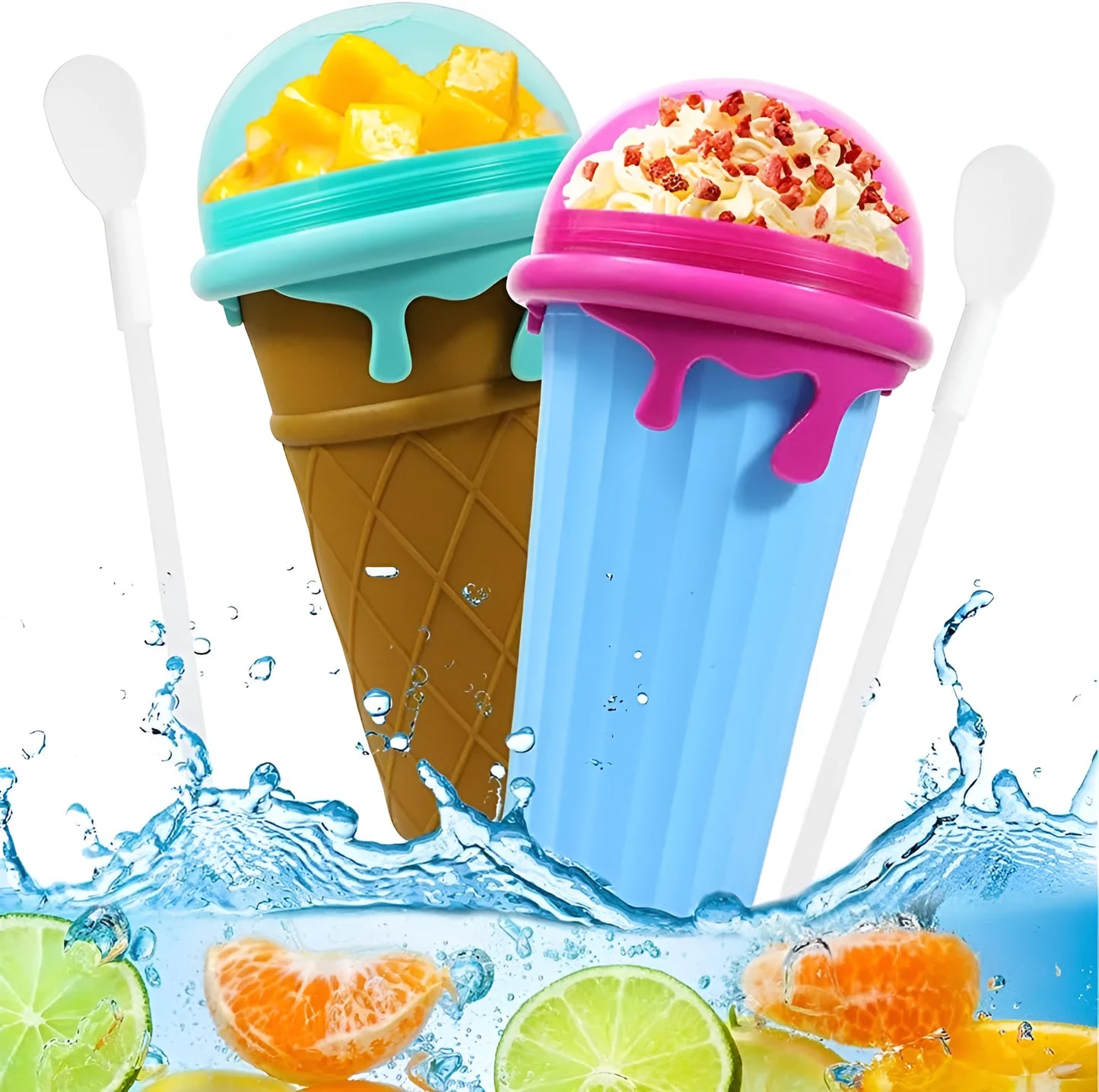 Blue 500ml slushy maker cup with squeeze bottle design for quick-frozen smoothies and homemade ice cream