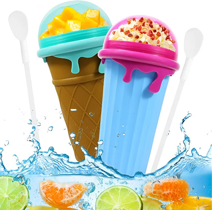 Blue 500ml slushy maker cup with squeeze bottle design for quick-frozen smoothies and homemade ice cream