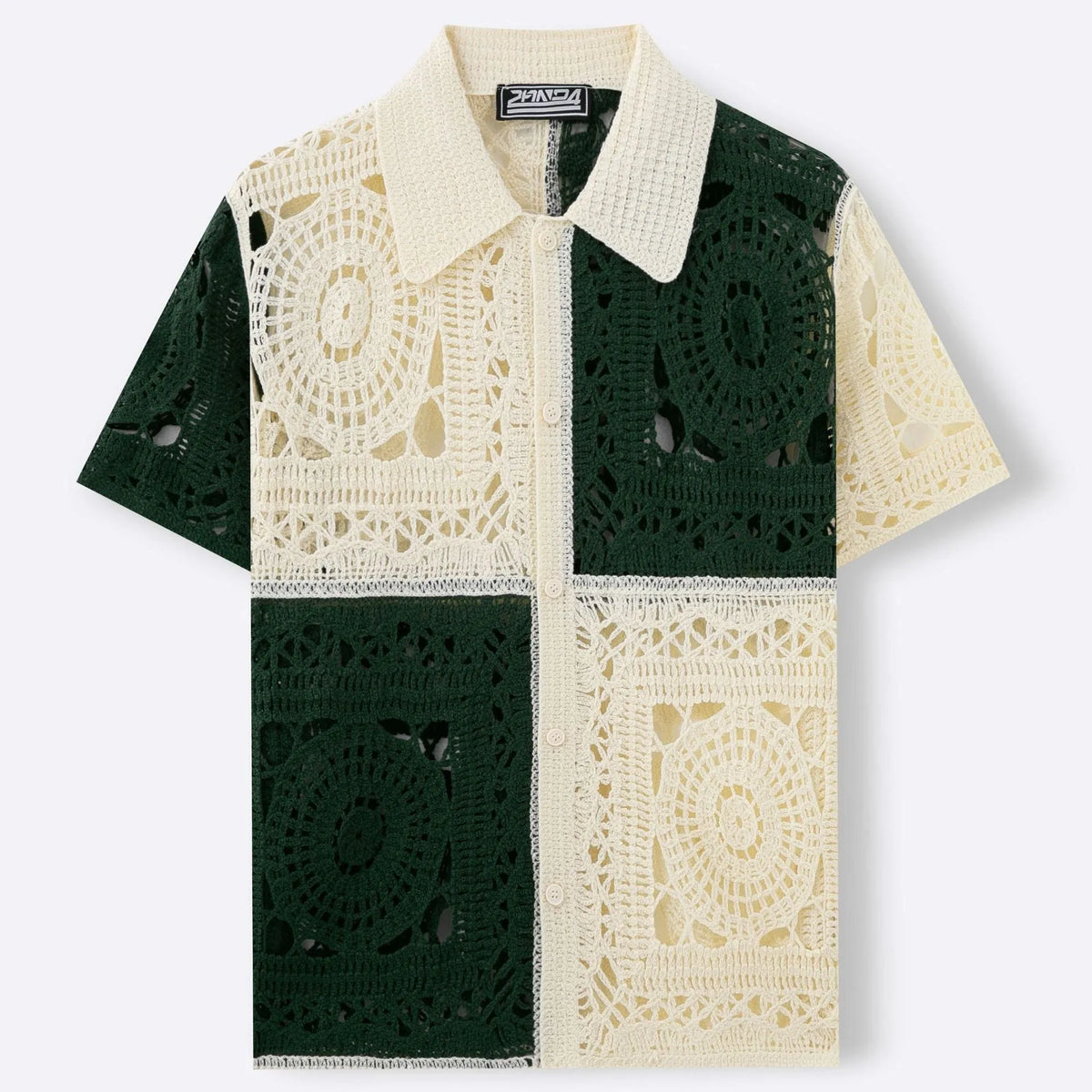 Beige men's knit shirt with colourblock pattern and flocking detail on short sleeves