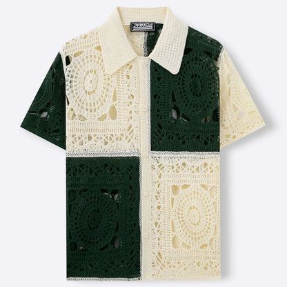 Beige men's knit shirt with colourblock pattern and flocking detail on short sleeves