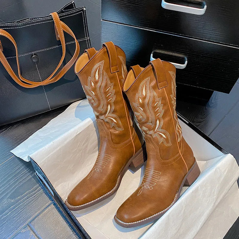 Brown women's mid-calf embroidered Martin boots with leather lining and square heels