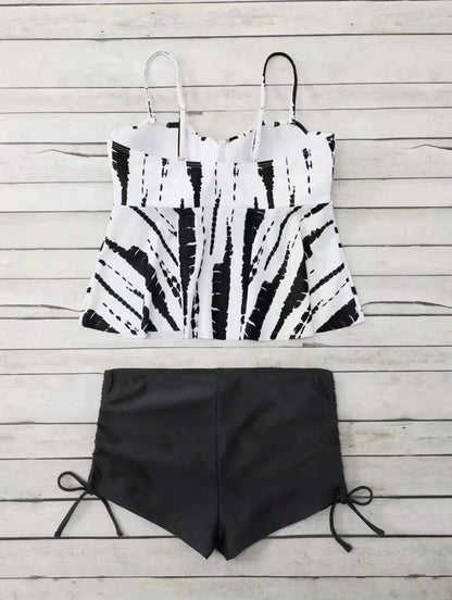 Women's hard bag printed split bikini swimsuit in polyester with top and shorts