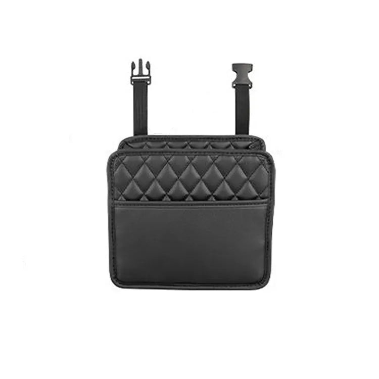 Black leather hanging storage bag for car interior organisation and trash.