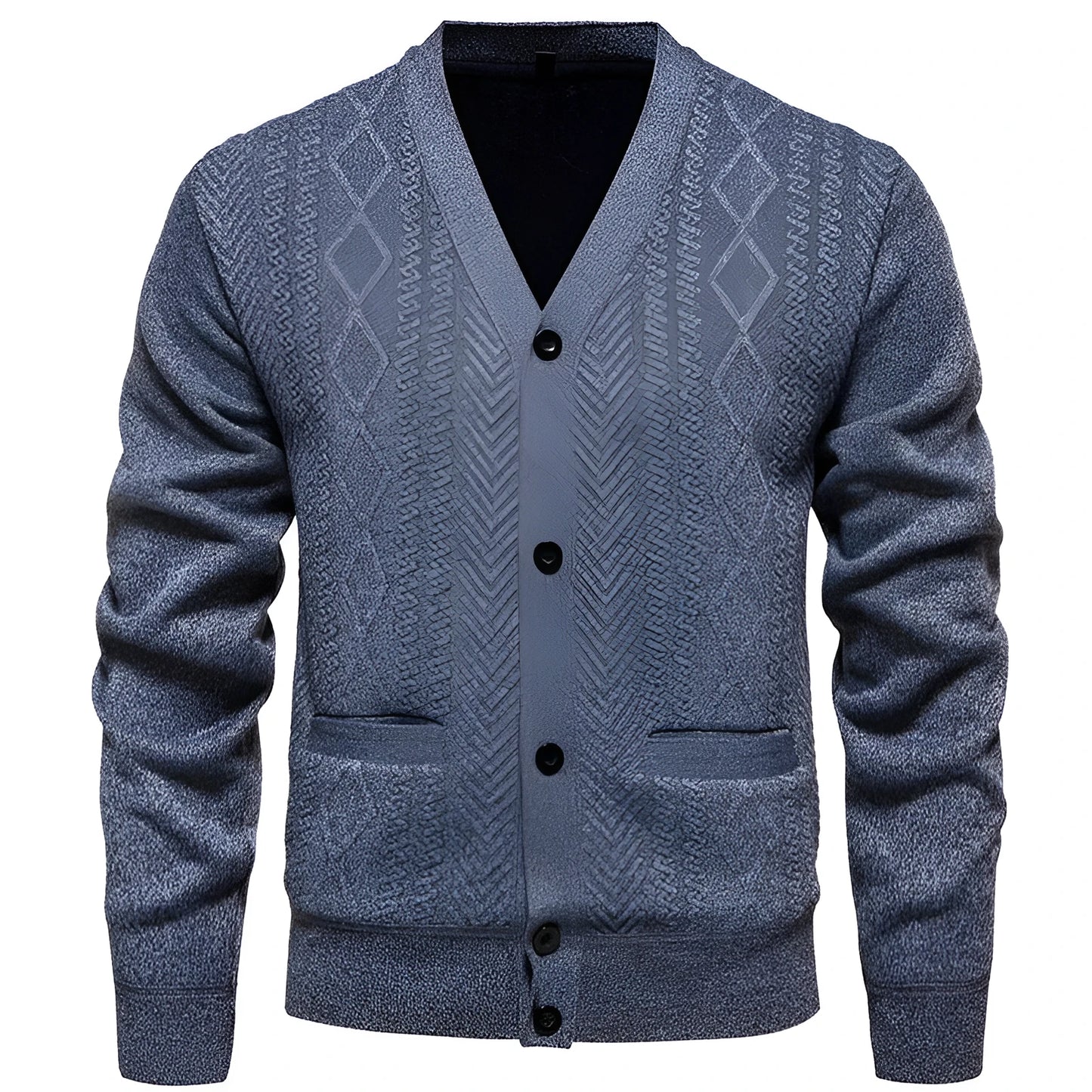 Man wearing a brown striped wool-lined cardigan sweater, showing the open front and long sleeves.