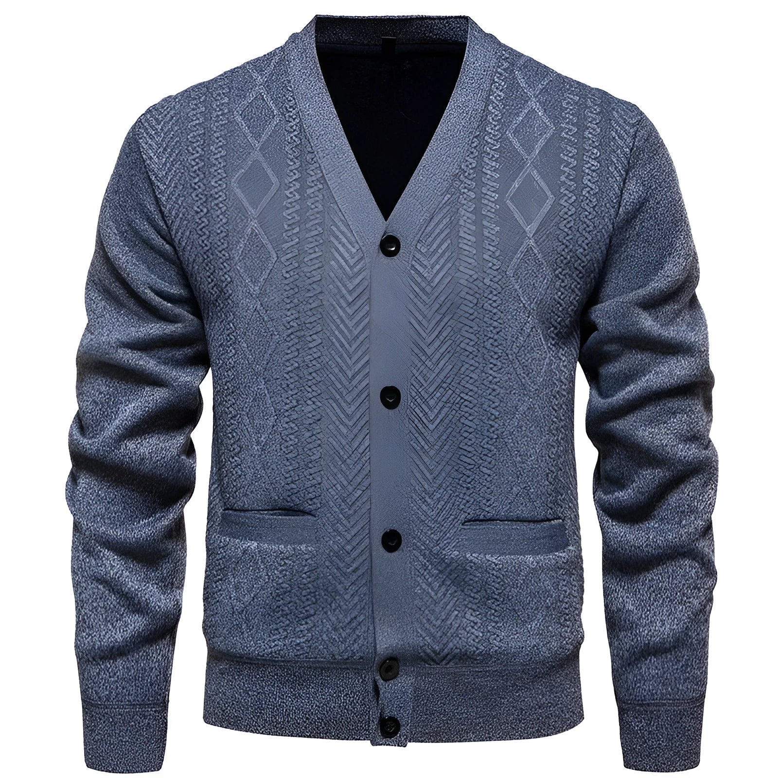 Man wearing a brown striped wool-lined cardigan sweater, showing the open front and long sleeves.