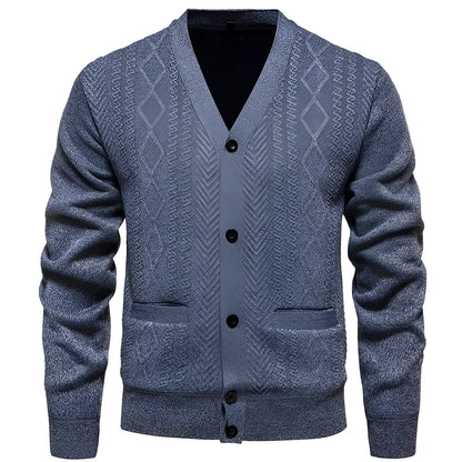 Man wearing a brown striped wool-lined cardigan sweater, showing the open front and long sleeves.