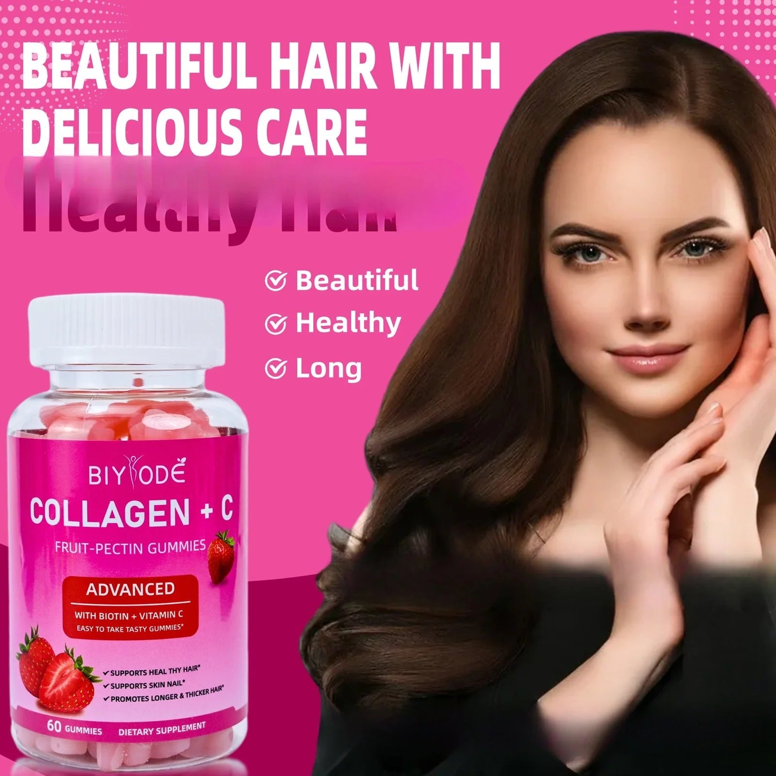 Bottle of 60 vitamin C biotin collagen gummies for women with 10mg collagen per piece
