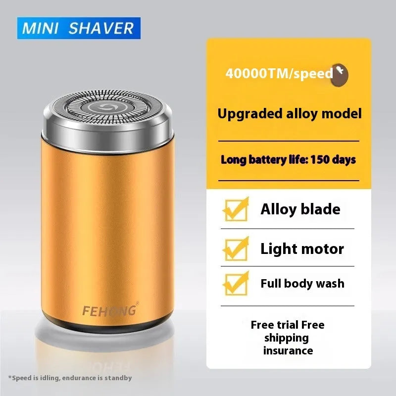Mini gold and black men's electric shaver with washable design and low-noise brushless motor.