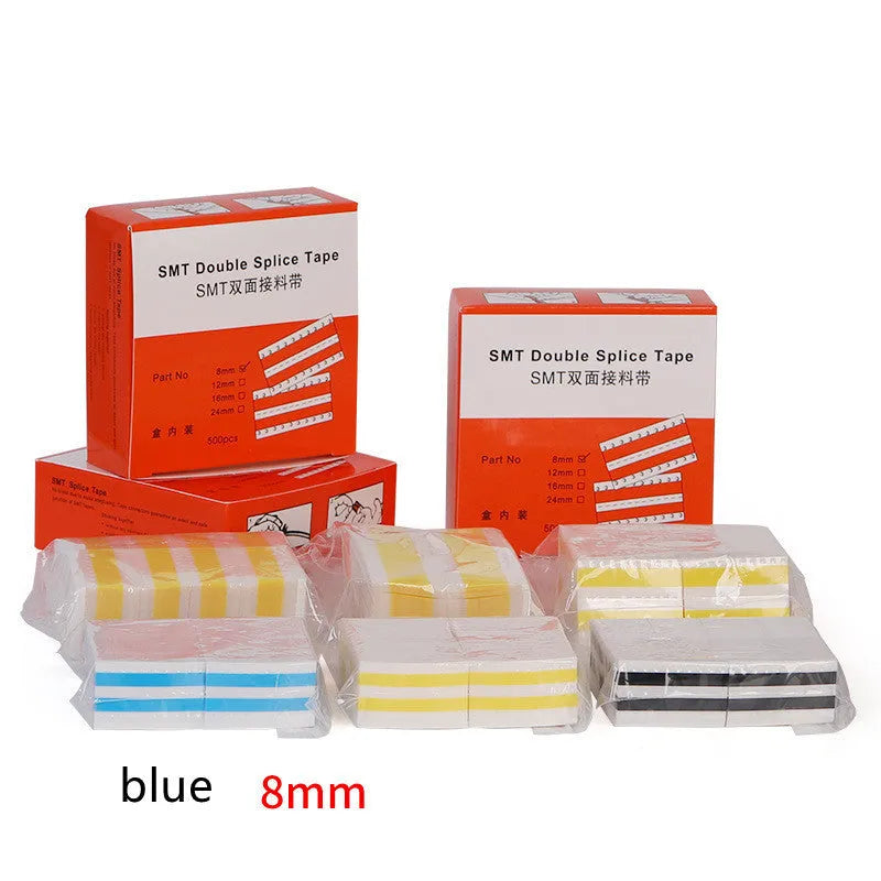 Box of SMT double-sided splicing tape on a factory bench, showing yellow tape in 8mm, 12mm, 16mm and 24mm widths.