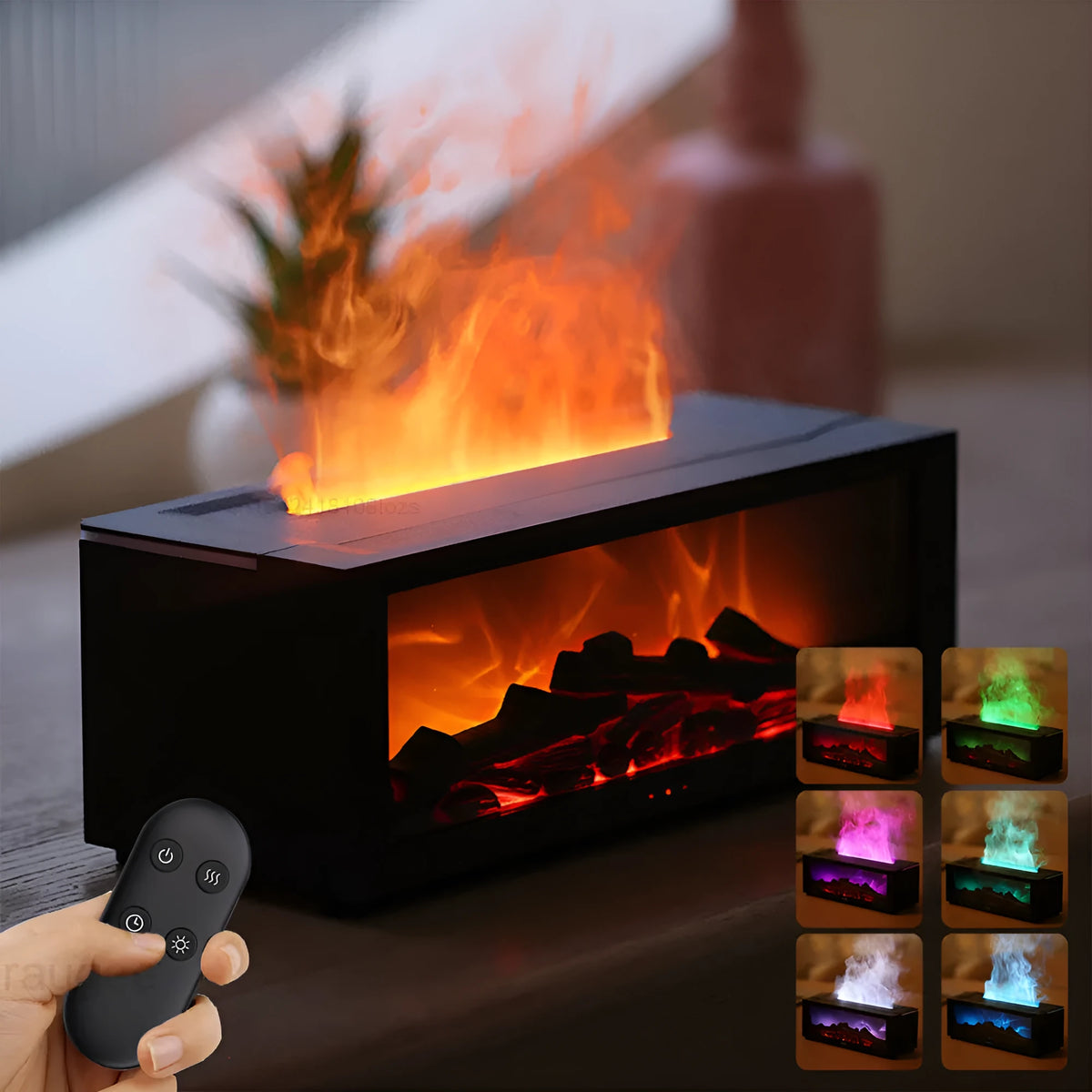 Square black flame essential oil diffuser with glowing 3D fire effect and coloured LED base lights.