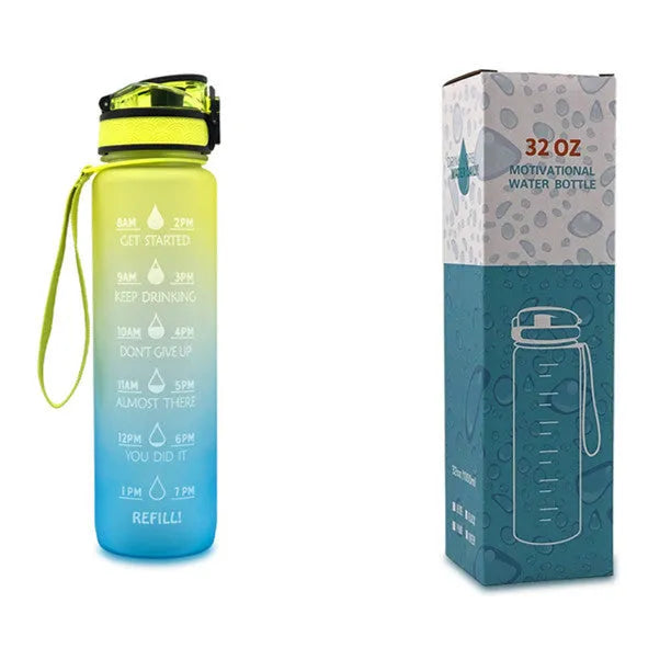 Blue and red gradient 1 litre Tritan sports water bottle with time markers and a flip-top lid.
