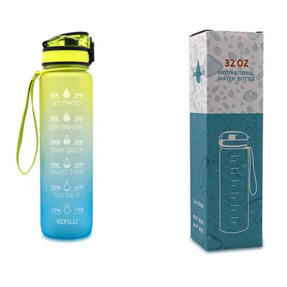 Blue and red gradient 1 litre Tritan sports water bottle with time markers and a flip-top lid.