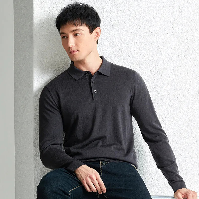 Men's fine pure wool knit pullover sweater, mid-length 65cm, long sleeve, machine washable, in iron gray, black, star gray, or Yago red.