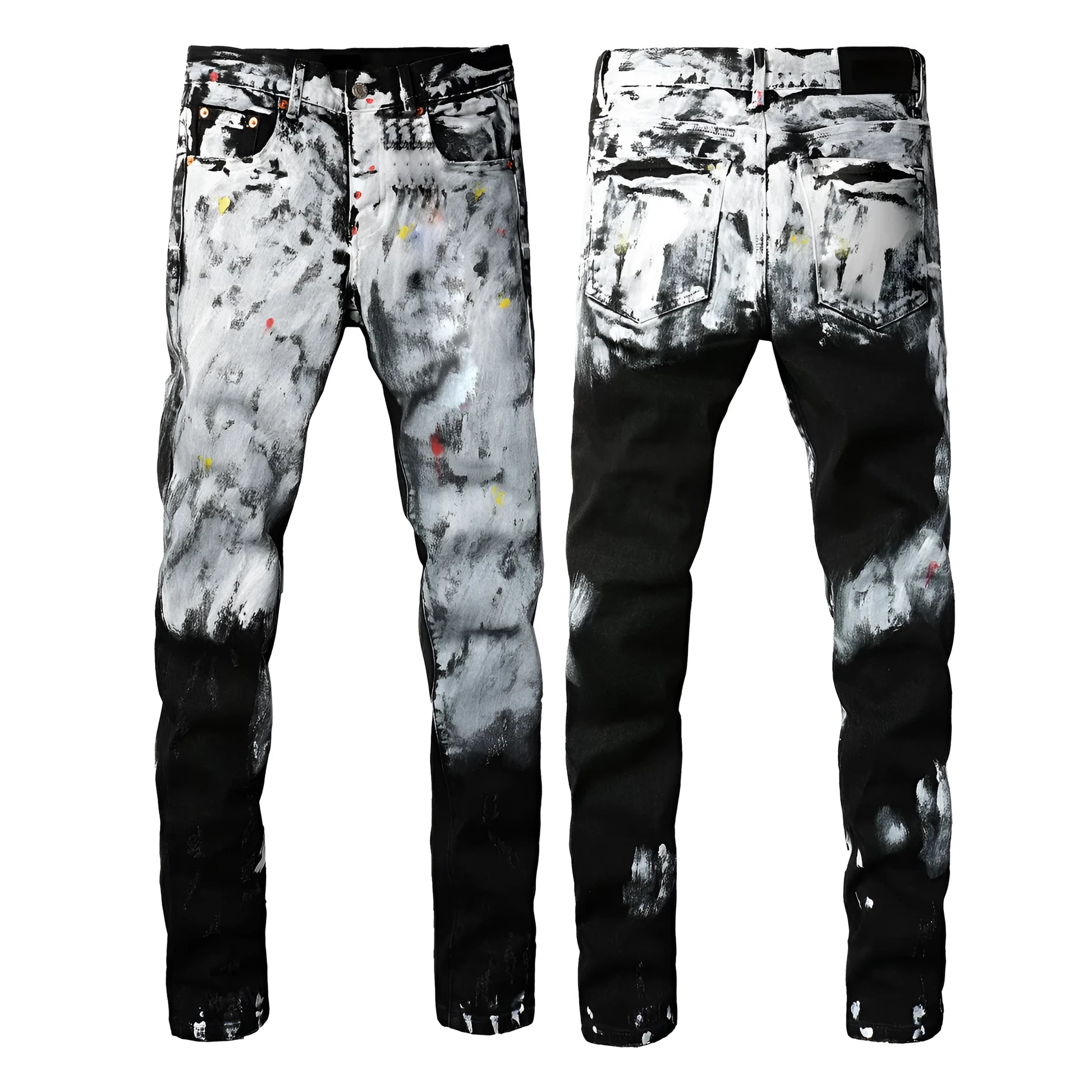 Men's black slim fit stretch skinny jeans with button-fly opening and straight leg design