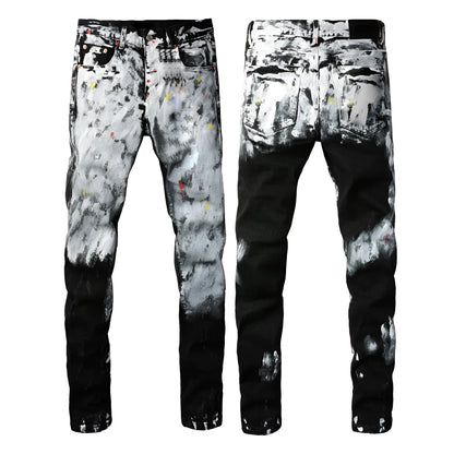 Men's black slim fit stretch skinny jeans with button-fly opening and straight leg design