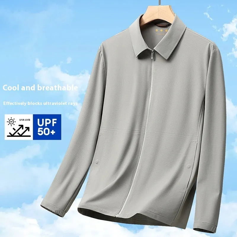 Navy blue summer business shirt with lapels made from ice silk fabric, shown on a hanger.
