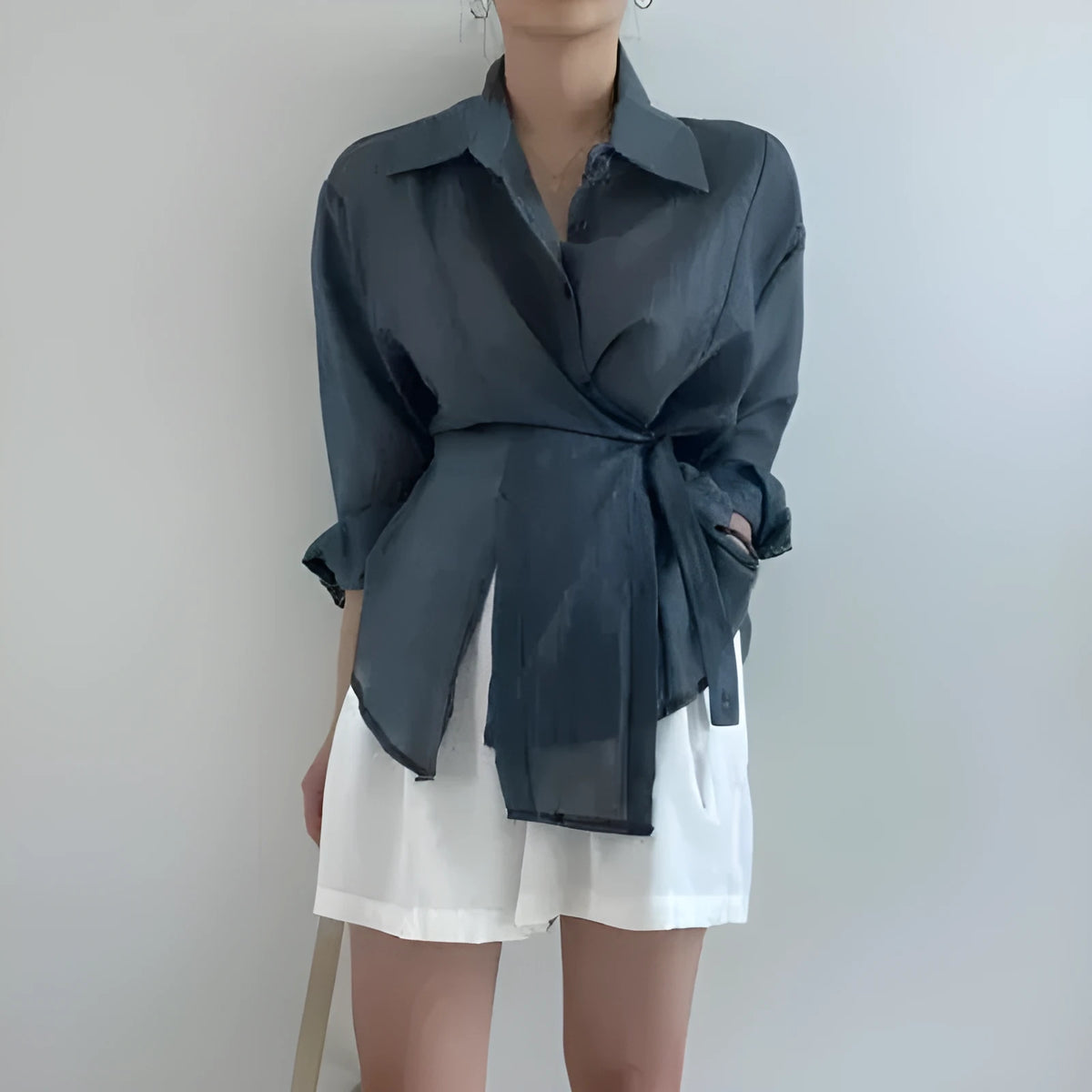 Irregular buckle lapel long sleeve shirt in smoky gray or white, polyester, S to XL, 50cm length
