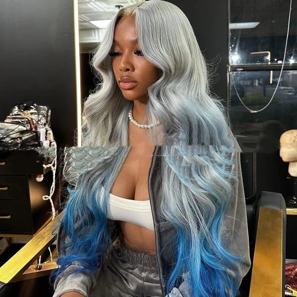 Grey blue ombre lace front wig on a mannequin head, showing long gradient hair and 4x4 lace base.