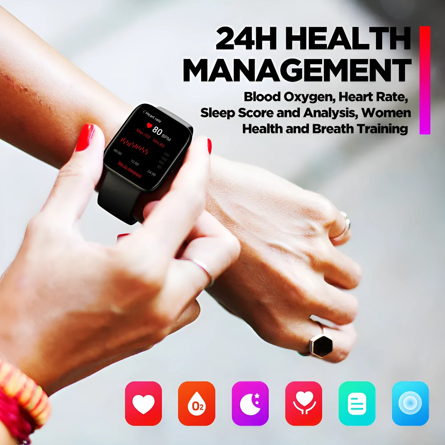 Black GPS sports smart watch with rubber wrist strap showing health metrics on 1.78 inch LCD display