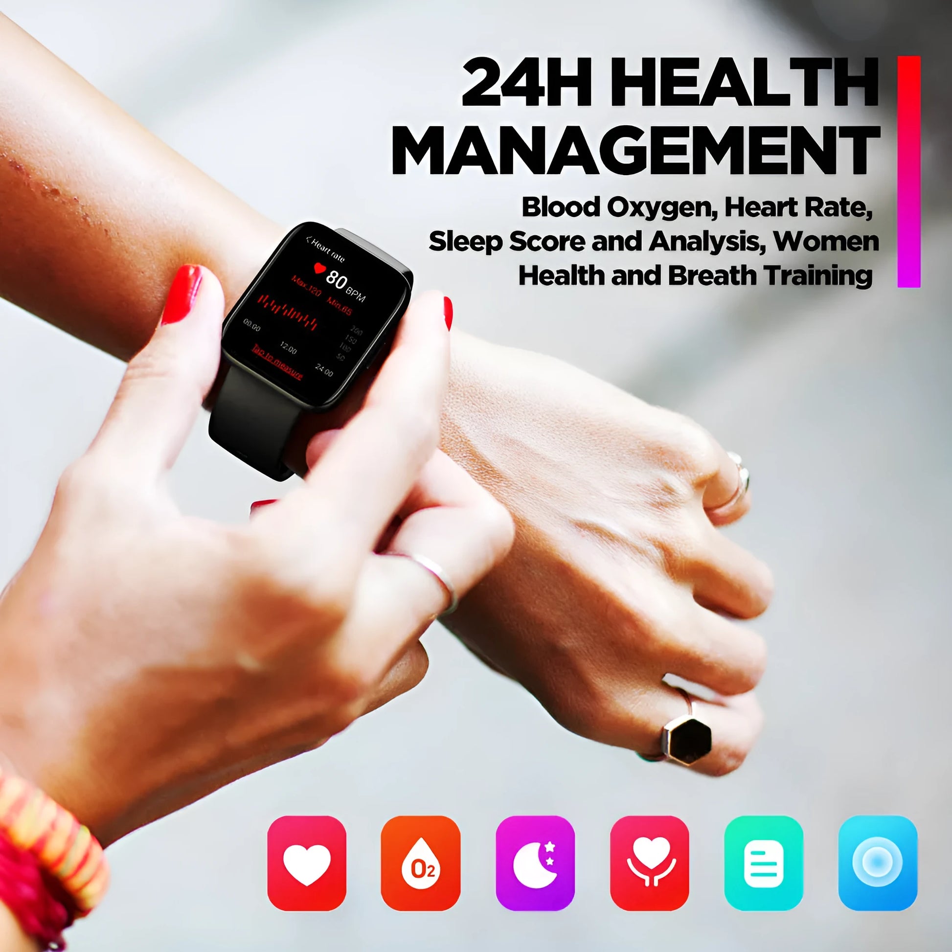 Black GPS sports smart watch with rubber wrist strap showing health metrics on 1.78 inch LCD display