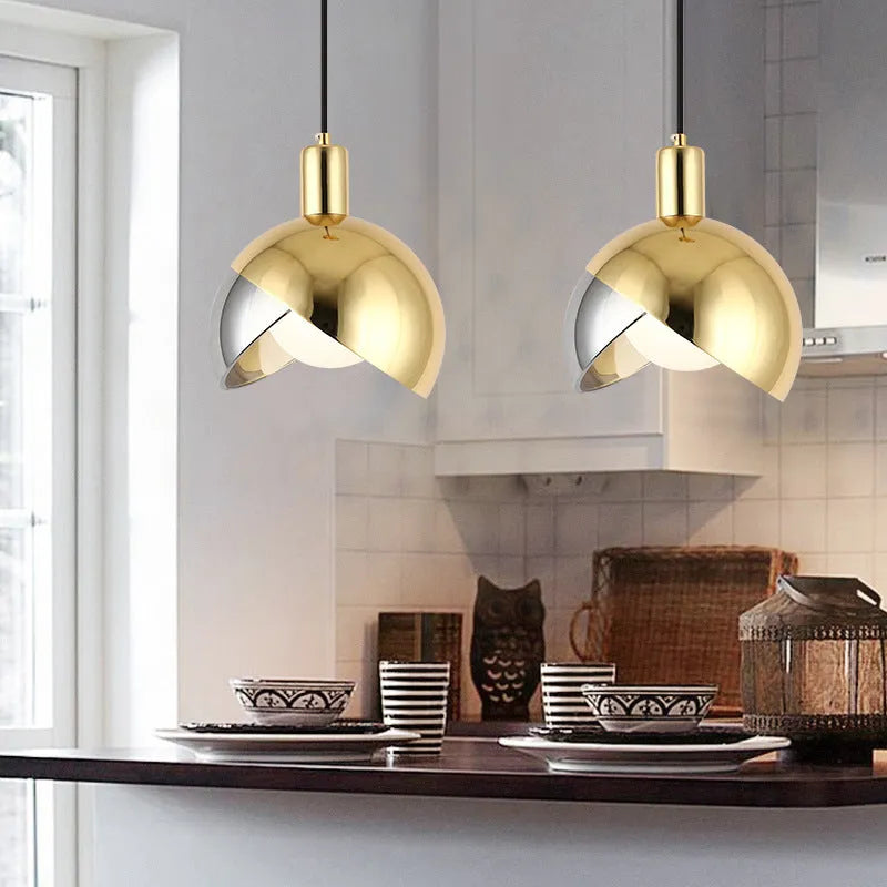Droplight ceiling lamp with iron construction and 20cm diameter, single-head LED pendant light for dining rooms and bedside areas, available in champagne gold with warm light or rose gold with warm light finishes, featuring simple stitching detail