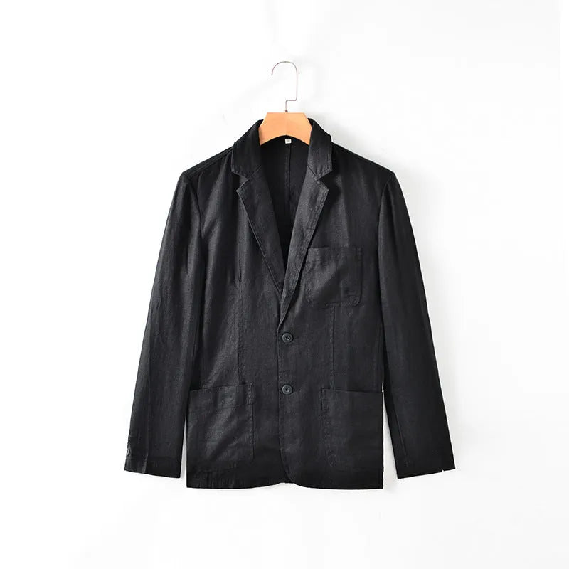 Men's lightweight linen blazer coat in solid colour on hanger showing simple design and size stick pocket