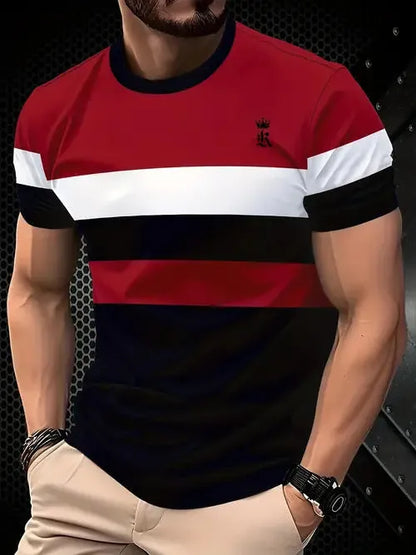 Men's loose fit short sleeve polyester t-shirt shown in available colours: black, gray, white, dark red.