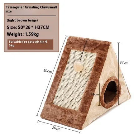 Grey and white triangle-shaped cat scratching post with an integrated soft cat bed.