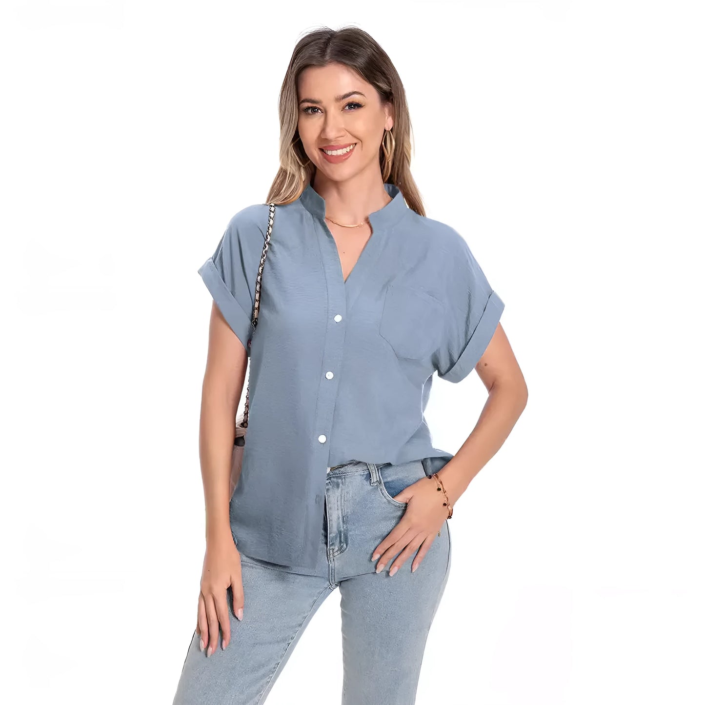 Women's loose-fit button-collar summer top in Army Green with short raglan sleeves.