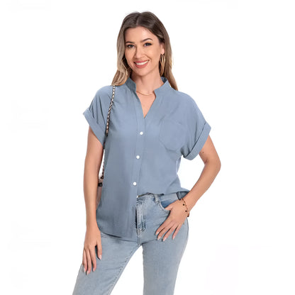 Women's loose-fit button-collar summer top in Army Green with short raglan sleeves.