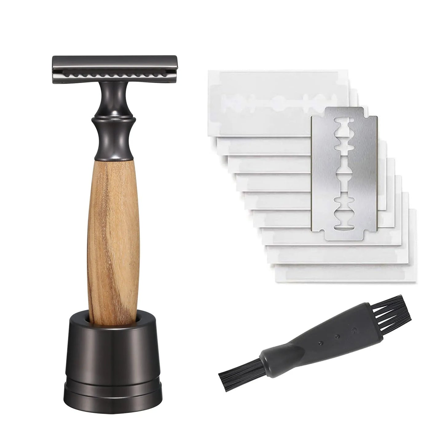 Men's traditional copper manual shaving razor with olive wood handle and aluminium alloy razor holder