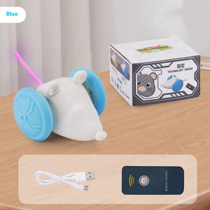 Blue and yellow electric cat toy mouse with remote control and charging cable for interactive pet play