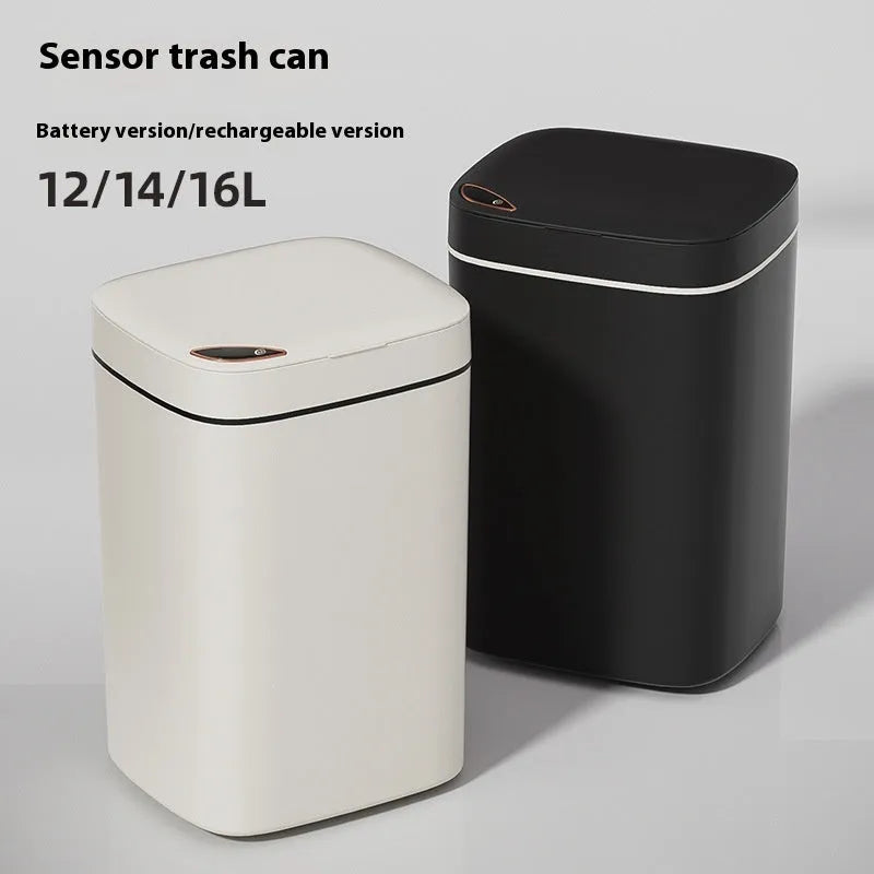 Square automatic induction garbage bin with sensor opening lid in milky white colour variant