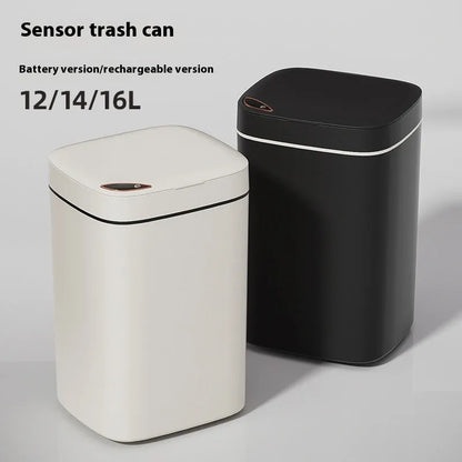 Square automatic induction garbage bin with sensor opening lid in milky white colour variant