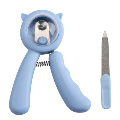 Blue pet nail clipper with stainless steel sickle blade and safety guard for trimming dog or cat claws.