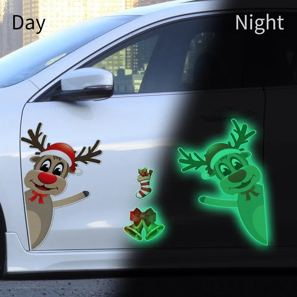 Cartoon Christmas elk bell design on a reflective magnetic luminous car bumper sticker.