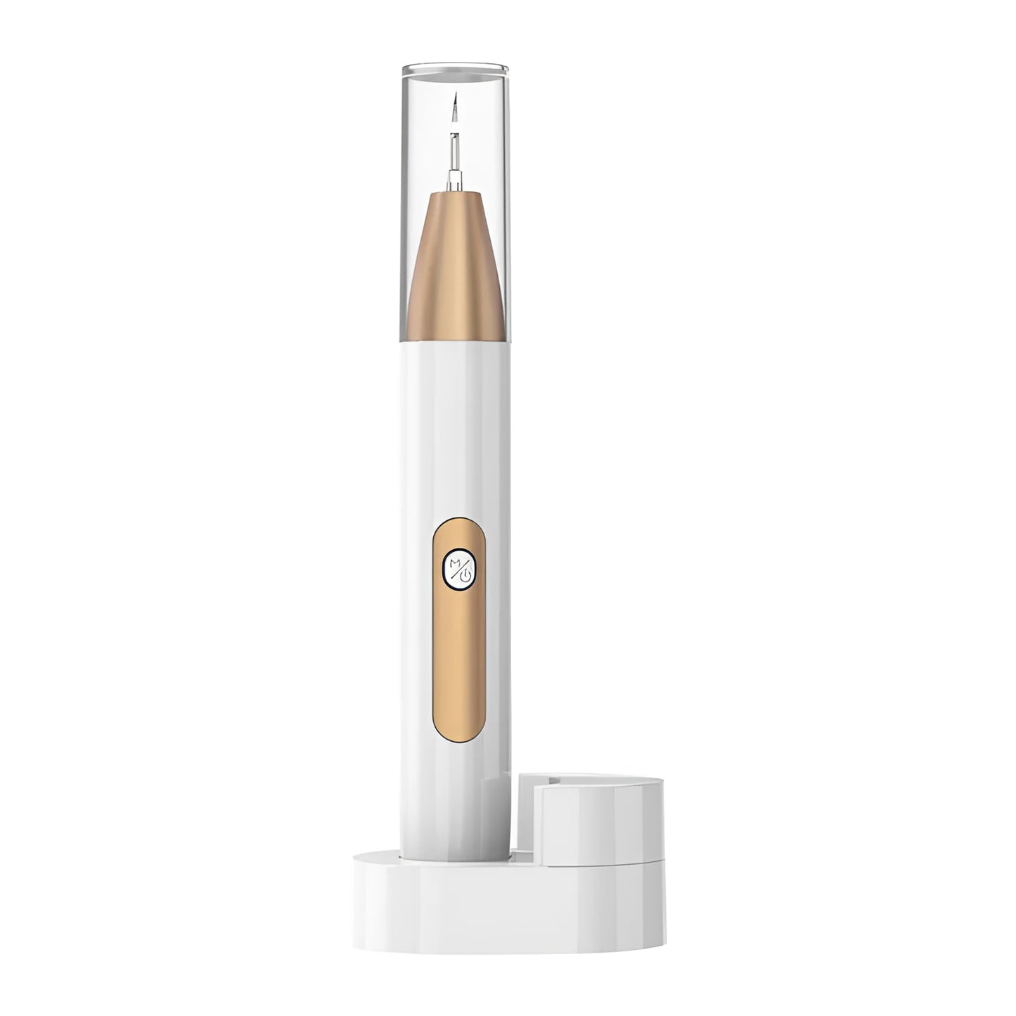 Gold-coloured ultrasonic tooth cleaner and tartar remover device with a stainless steel tip.