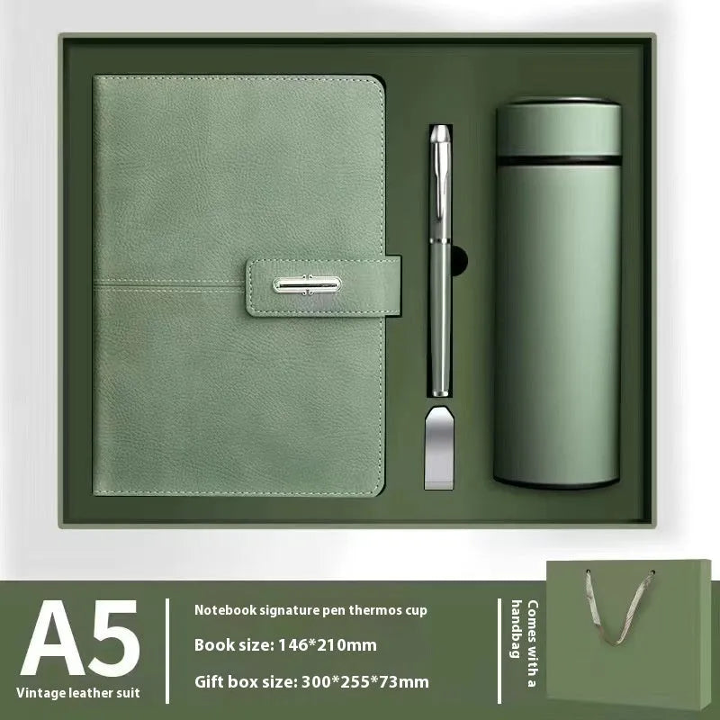 A5 notebook with imitation leather cover in colour options including black, red, green, blue, and orange.