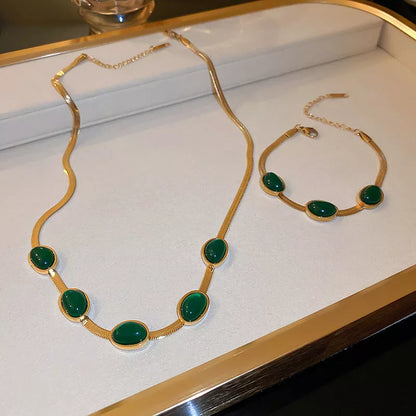 Boho green stone crystal snake chain multilayer necklace and bracelet set for women