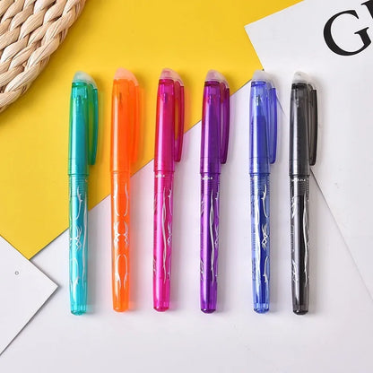 Hot erasable gel pen with stainless steel nib and plastic shell, available in 12 or 8 colour sets for office use