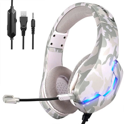 Wired gaming headset with cloth earmuffs and braided cable in camouflage blue colour.