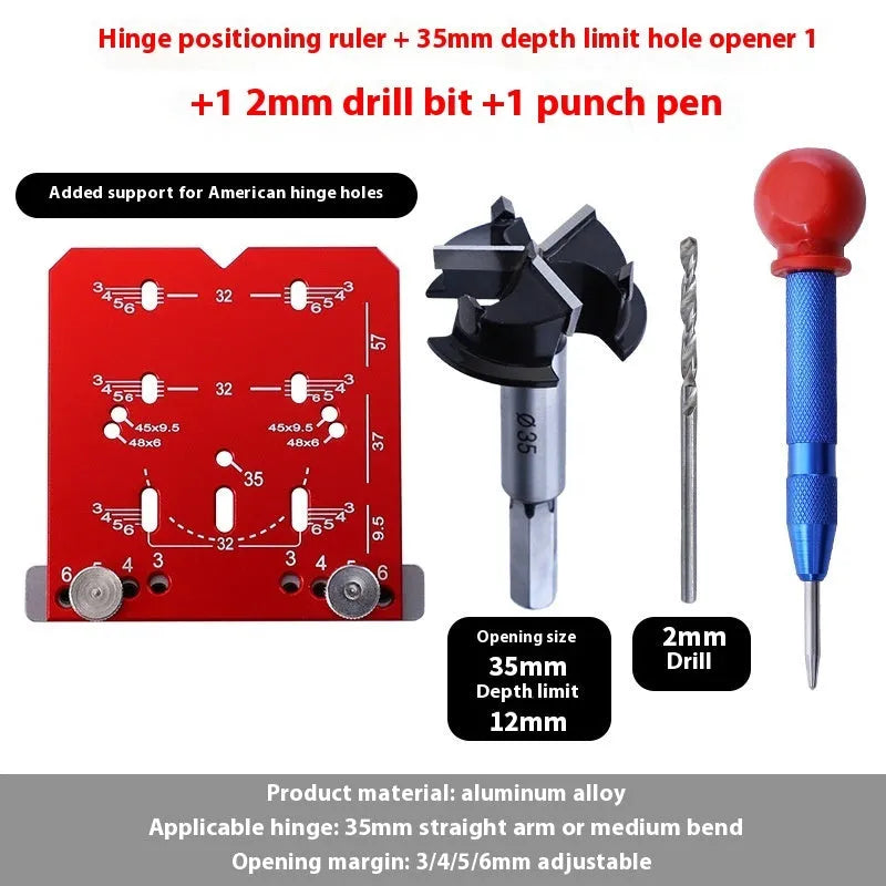 35mm hinge punch locator tool with adjustable margin marks for cabinet installation