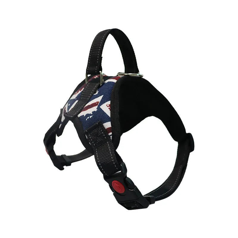 Explosion-proof polyester dog chest harness in black with saddle chest strap for medium and large dogs, sizes XS to XL